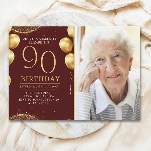 Elegant Gold Glitter Birthday 90th With Photo Kaart