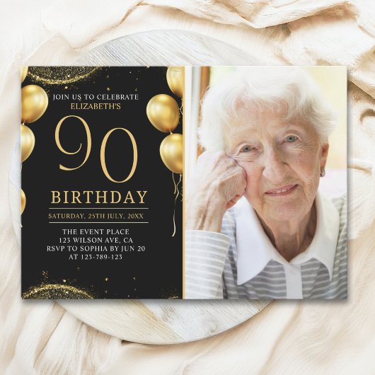 Elegant Gold Glitter Birthday 90th With Photo Kaart