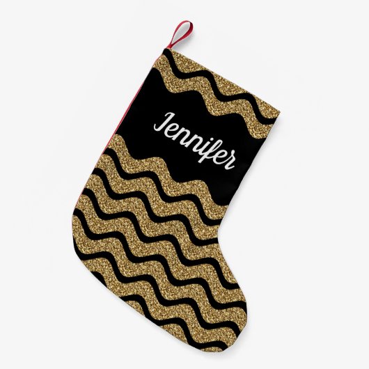 Elegant Gold Glitter Black Chevron Stripes Name Kleine Kerstsok (Voorkant (Hangend))