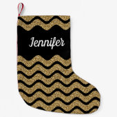 Elegant Gold Glitter Black Chevron Stripes Name Kleine Kerstsok (Voorkant)