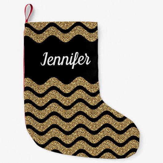 Elegant Gold Glitter Black Chevron Stripes Name Kleine Kerstsok (Voorkant)