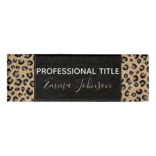 Elegant Gold Glitter Black leopard Print Naambadge (Voorkant)