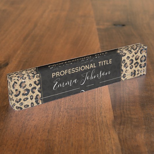 Elegant Gold Glitter Black leopard Print Naambordje (Zijkant)