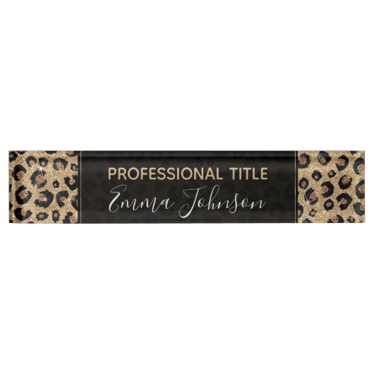 Elegant Gold Glitter Black leopard Print Naambordje (Voorkant)