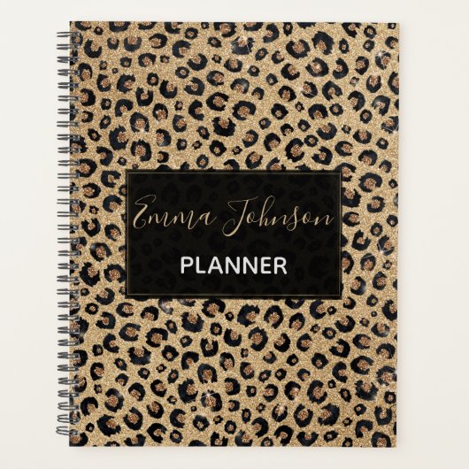 Elegant Gold Glitter Black leopard Print Planner (Voorkant)