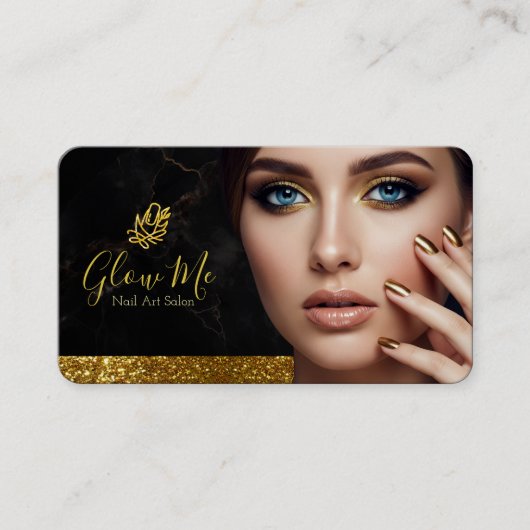 Elegant Gold Glitter & Black Marble Nail Art Salon Visitekaartje (Voorkant)
