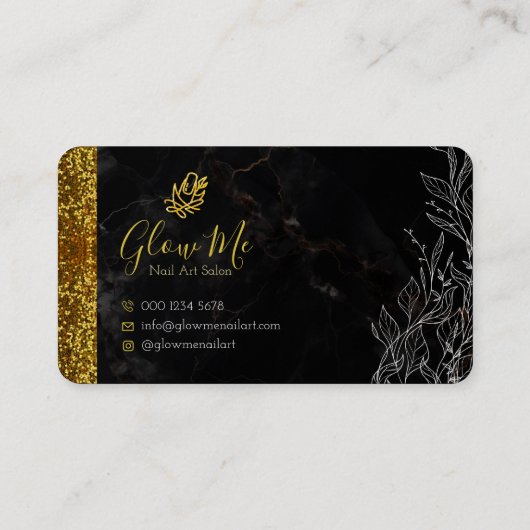 Elegant Gold Glitter & Black Marble Nail Art Salon Visitekaartje (Achterkant)