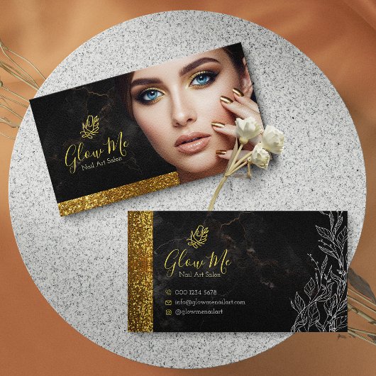 Elegant Gold Glitter & Black Marble Nail Art Salon Visitekaartje