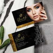 Elegant Gold Glitter & Black Marble Nail Art Salon Visitekaartje