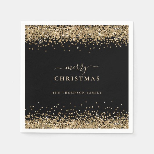 Elegant Gold Glitter Black Naam Merry Kerstry Servet (Voorkant)