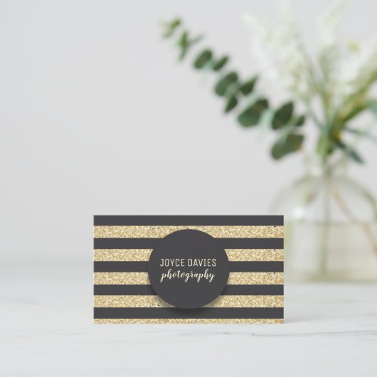 Elegant Gold Glitter Black Stripes Visitekaartje (Staand voorkant)