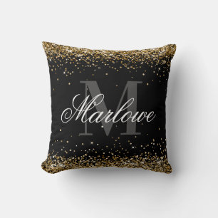 Elegant Gold Glitter Black White Monogram Kussen