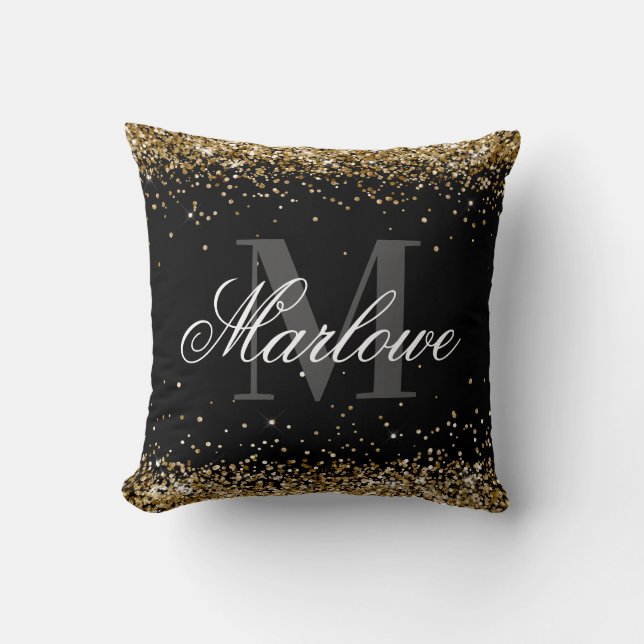Elegant Gold Glitter Black White Monogram Kussen (Voorkant)