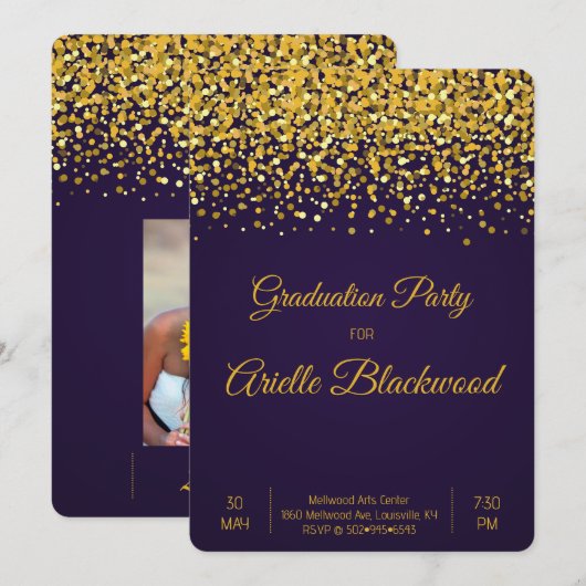 Elegant Gold Glitter & Blue Graduparty Kaart (Voorkant / Achterkant)