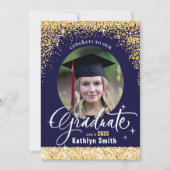 Elegant Gold Glitter Blue Photo Graduation Party Kaart (Voorkant)