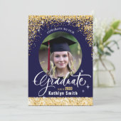 Elegant Gold Glitter Blue Photo Graduation Party Kaart (Staand voorkant)