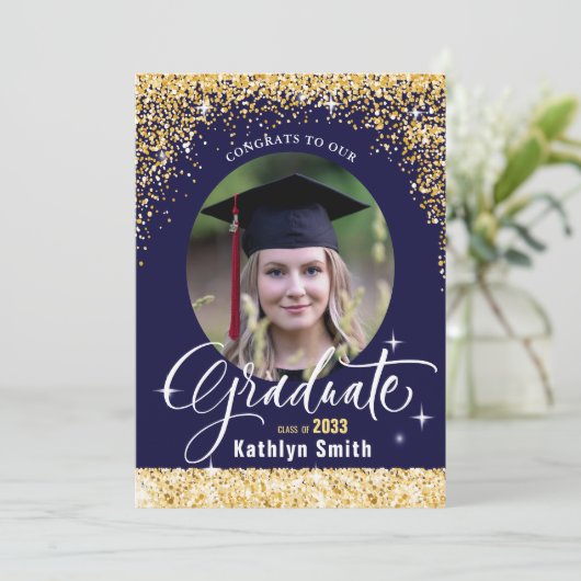 Elegant Gold Glitter Blue Photo Graduation Party Kaart (Staand voorkant)