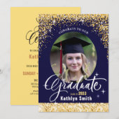 Elegant Gold Glitter Blue Photo Graduation Party Kaart (Voorkant / Achterkant)