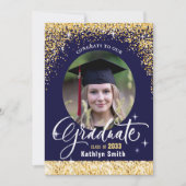 Elegant Gold Glitter Blue Photo Graduparty Kaart (Voorkant)