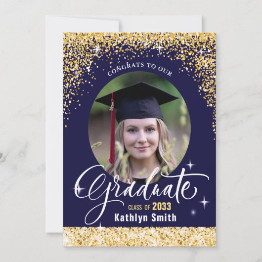 Elegant Gold Glitter Blue Photo Graduparty Kaart (Voorkant)