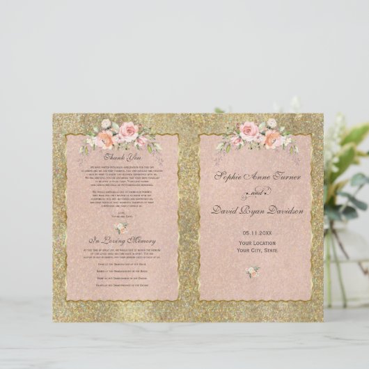 Elegant Gold Glitter Blush Floral Wedding Programm (Staand voorkant)