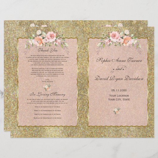 Elegant Gold Glitter Blush Floral Wedding Programm (Voorkant / Achterkant)
