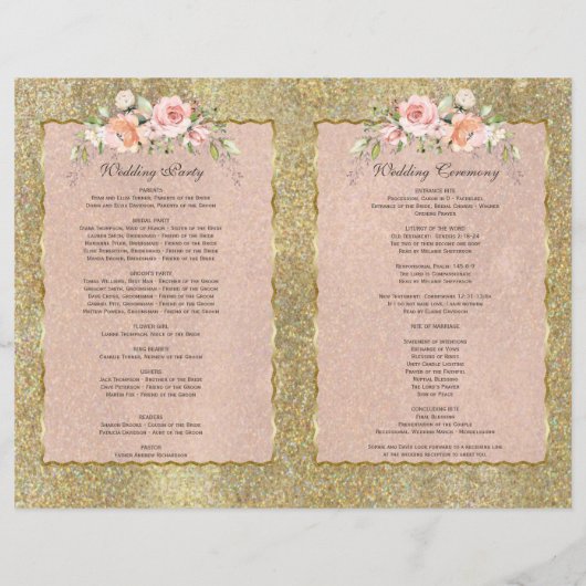 Elegant Gold Glitter Blush Floral Wedding Programm (Achterkant)