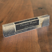 Elegant Gold Glitter Bokeh Black Marmer, Lijst Naambordje (Zijkant)