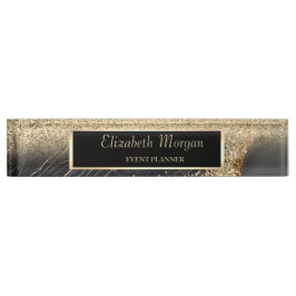 Elegant Gold Glitter Bokeh Black Marmer, Lijst Naambordje