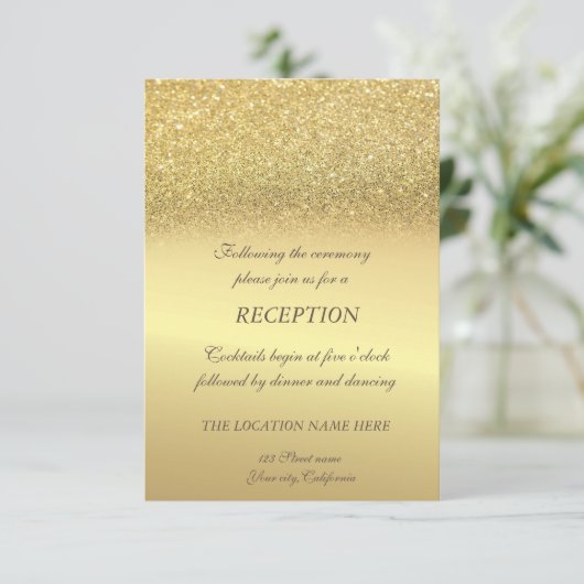 Elegant Gold Glitter Bokeh Wedding Reception Kaart (Staand voorkant)