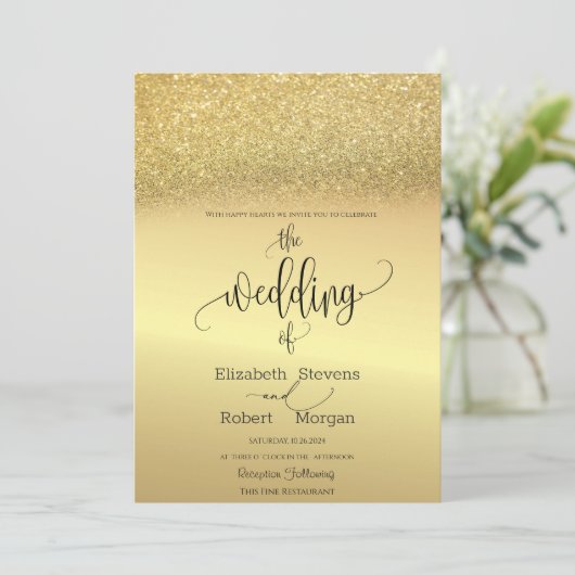 Elegant Gold Glitter Bokeh Wedding Uitnodiging (Staand voorkant)