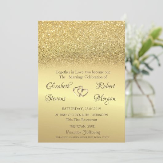 Elegant Gold Glitter Bokeh Wedding Uitnodiging (Staand voorkant)