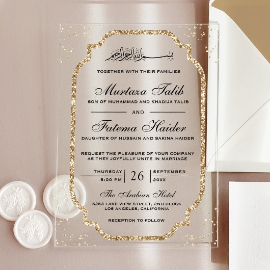 Elegant Gold Glitter Border Muslim Wedding Acryl Uitnodigingen