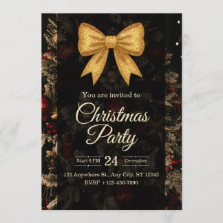 Elegant Gold Glitter Bow Dark Christmas Party Kaart