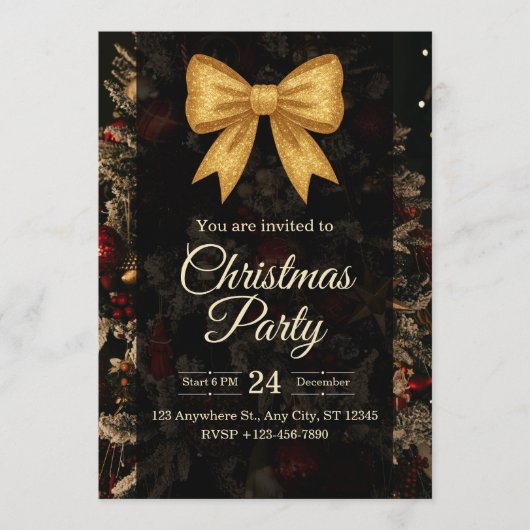 Elegant Gold Glitter Bow Dark Christmas Party Kaart (Voorkant)