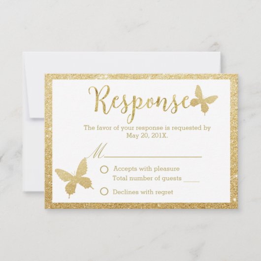 Elegant Gold Glitter Butterfly Weduwreactie RSVP Kaartje (Voorkant)