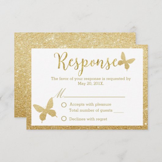 Elegant Gold Glitter Butterfly Weduwreactie RSVP Kaartje (Voorkant / Achterkant)