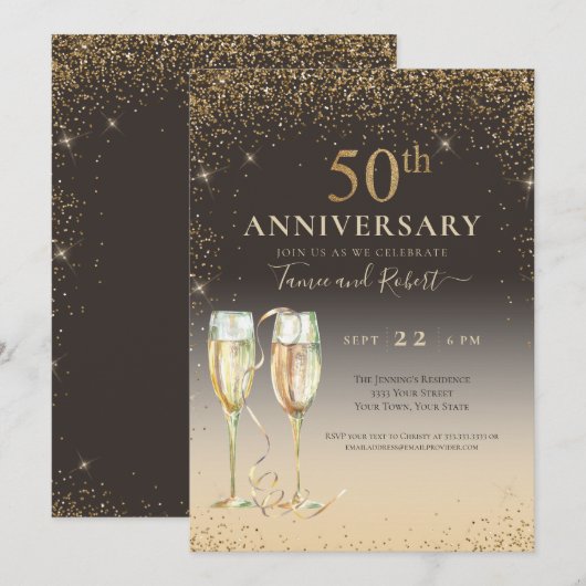 Elegant Gold Glitter Champagne 50ste Jubileum Kaart (Voorkant / Achterkant)