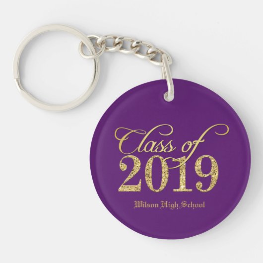 Elegant Gold Glitter Class of 2019 on Paars Sleutelhanger (Voorkant)