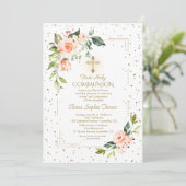Elegant Gold Glitter Coral Flowers Holy Communion Kaart (Staand voorkant)