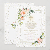 Elegant Gold Glitter Coral Flowers Holy Communion Kaart (Voorkant / Achterkant)