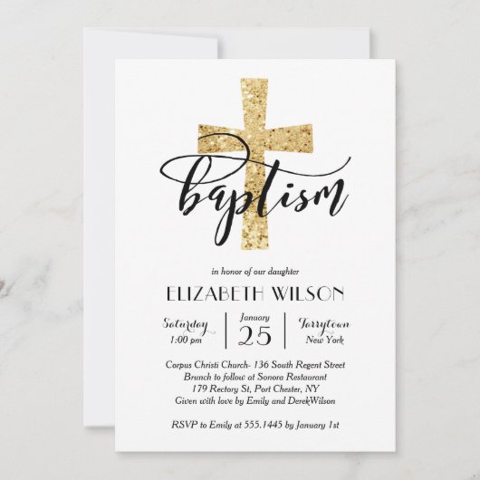 Elegant Gold Glitter Cross Baptisme Invitation Bedankkaart (Voorkant)