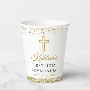Elegant Gold Glitter Cross First Heilige Communie Papieren Bekers