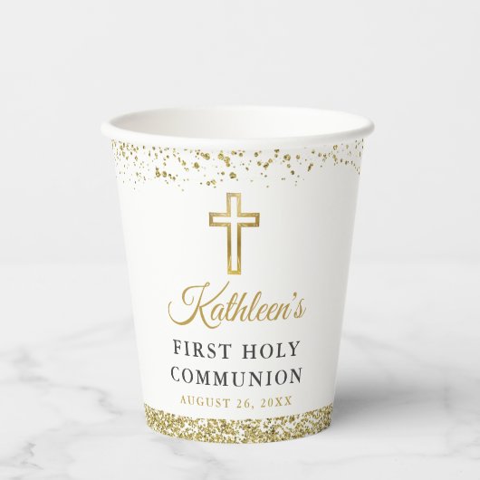 Elegant Gold Glitter Cross First Heilige Communie Papieren Bekers (Voorkant)