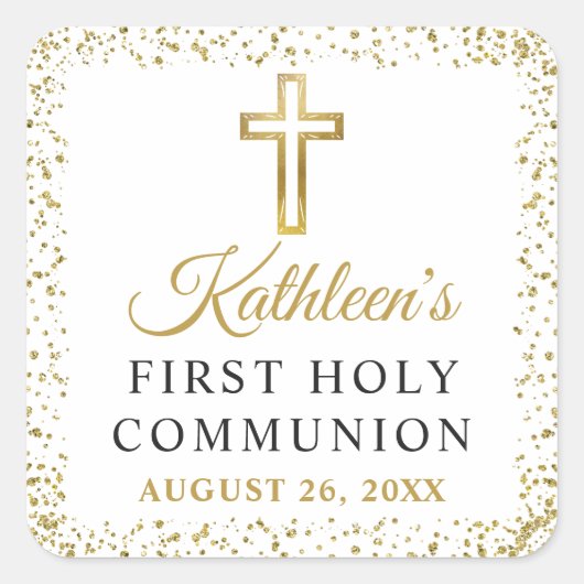 Elegant Gold Glitter Cross First Heilige Communie Vierkante Sticker (Voorkant)