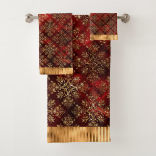 Elegant Gold Glitter Damask Burgundy Red Modern Bad Handdoek