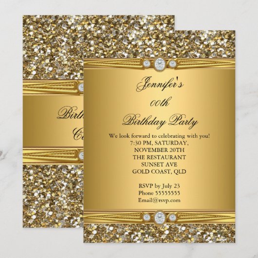 Elegant Gold Glitter Diamond Birthday Party 2 Kaart (Voorkant / Achterkant)