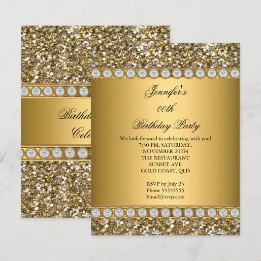 Elegant Gold Glitter Diamond Birthday Party 3 Kaart (Voorkant / Achterkant)
