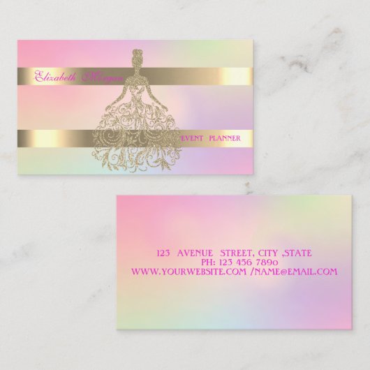 Elegant Gold Glitter Dress, Stripe Holographic Visitekaartje (Voorkant / Achterkant)