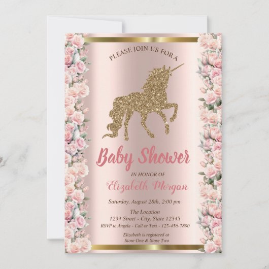 Elegant Gold Glitter Eenhoorn Rozen Baby shower Kaart (Voorkant)